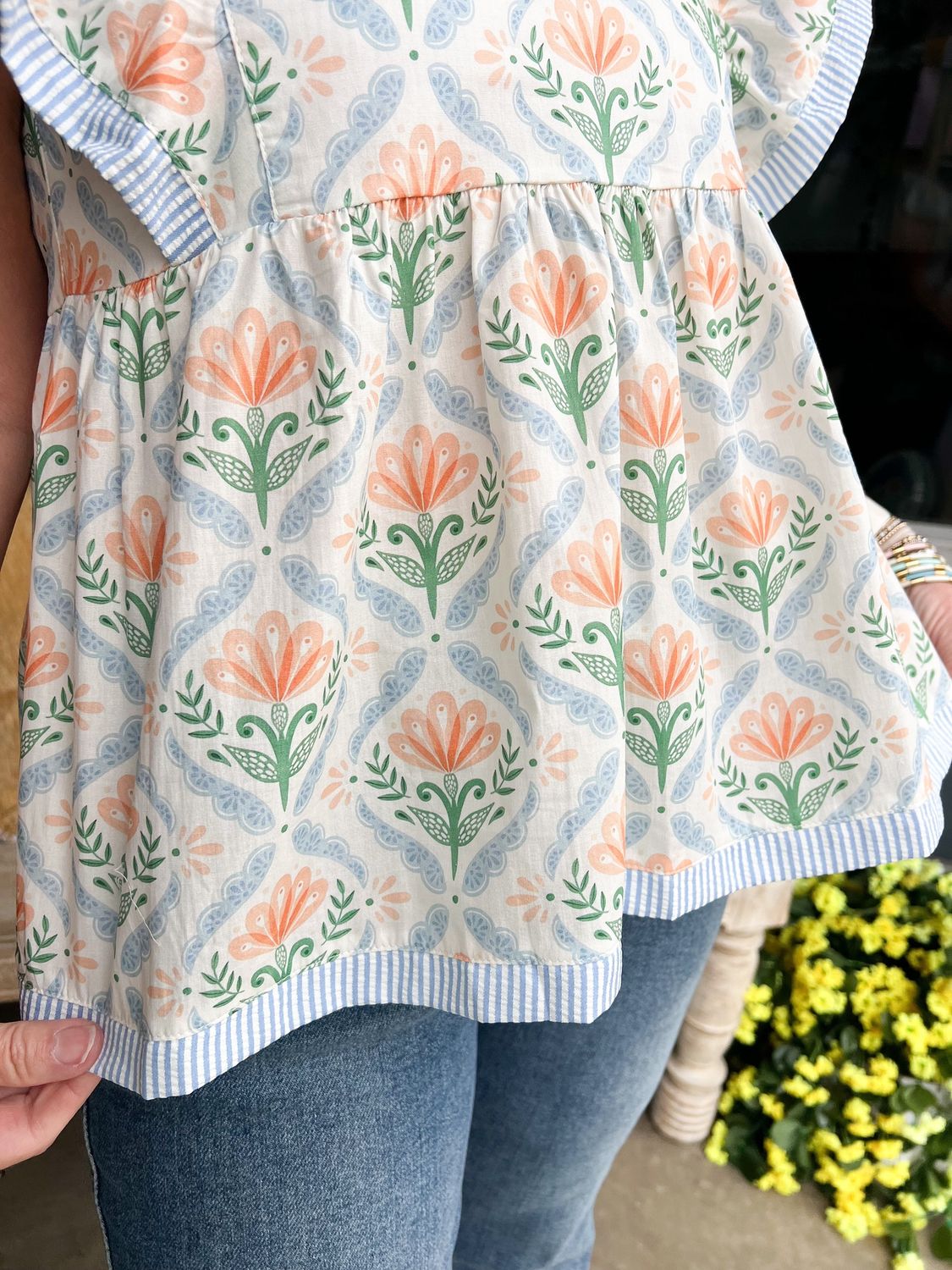 Blue/Orange Ruffle Sleeve Top