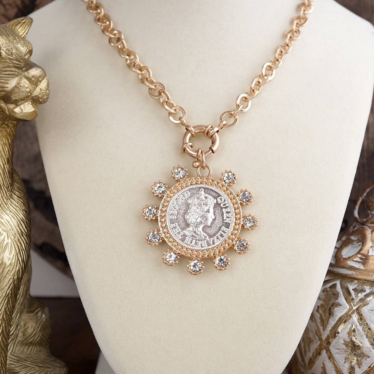 Elizabeth – Statement Coin Necklace, Color: Worn Gold Tone