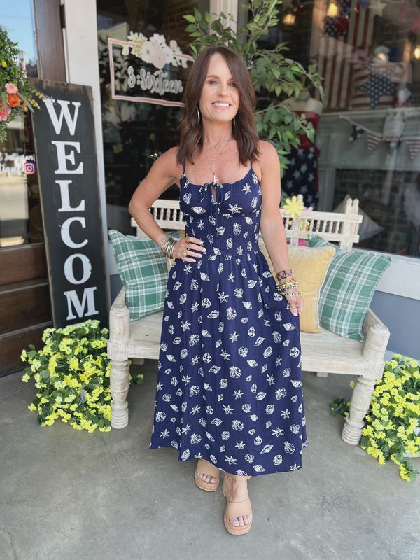 NAUTICAL MOTIF SPAGHETTI STRAP SHIRRED MIDI DRESS