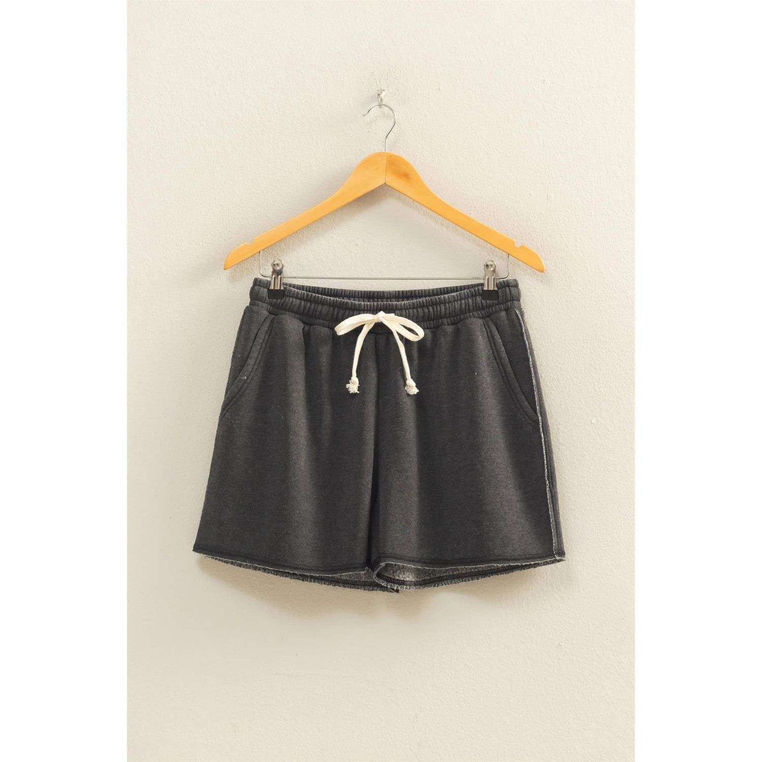 Drawstring Burnout French Terry Shorts, Color: BLACK, Size: S