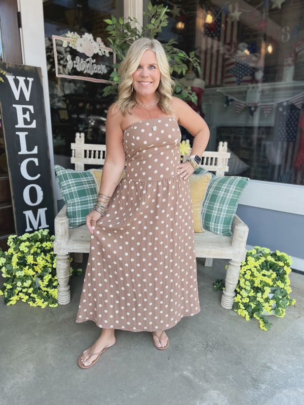 POLKA DOT STRAPLESS MIDI DRESS