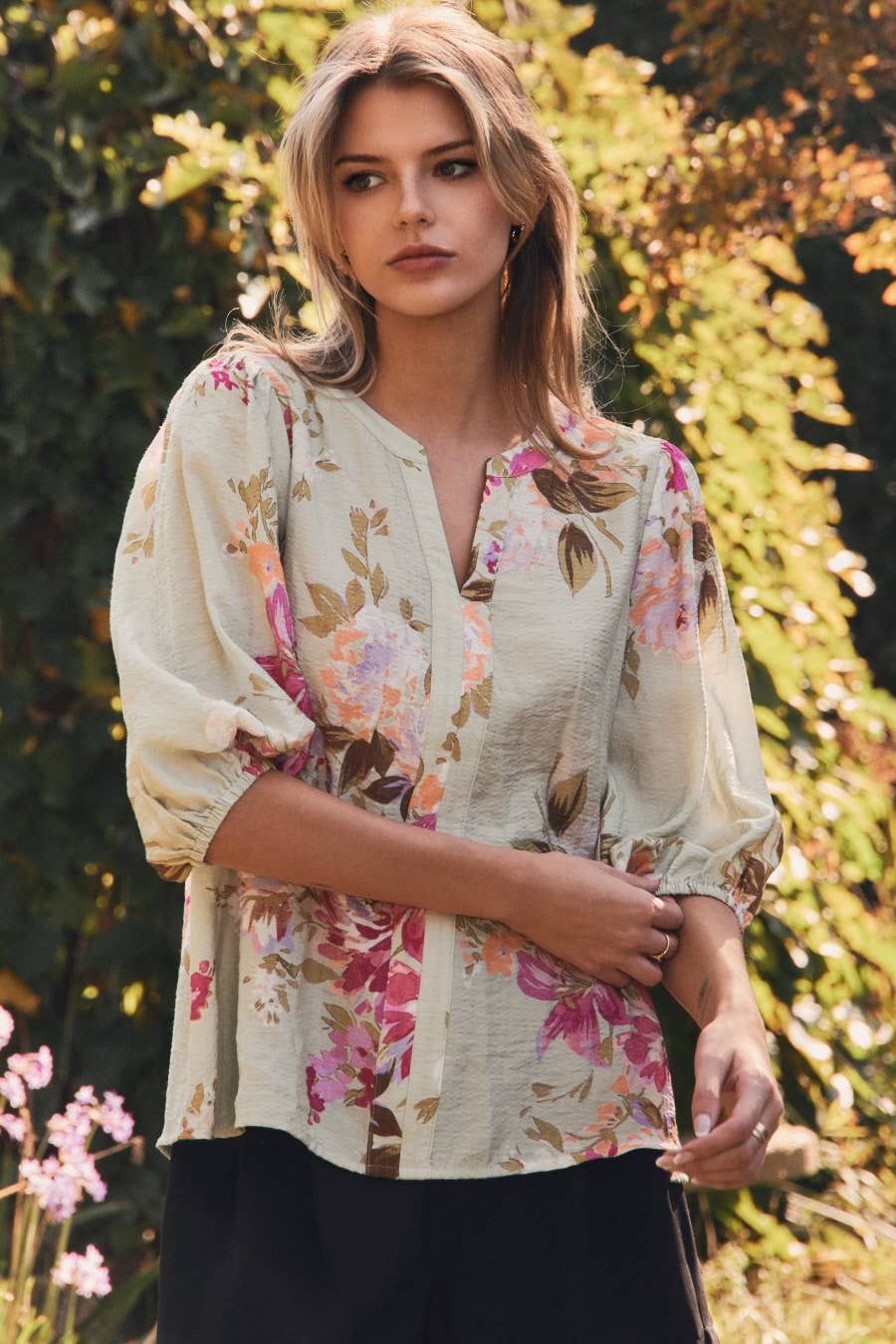 Sheer Floral Printed Blouse, Color: Mint Sage Multi, Size: S