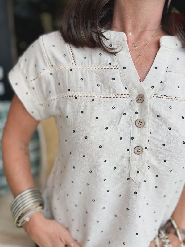 POLKA DOT LACE TRIM HALF BUTTON SHORT SLEEVE TOP