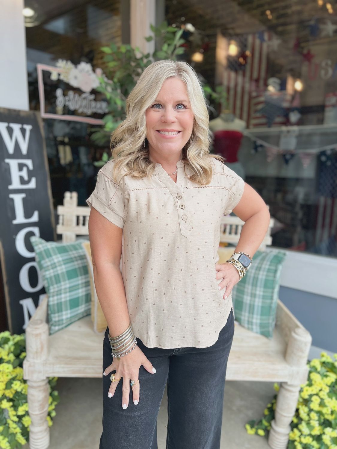 POLKA DOT LACE TRIM HALF BUTTON SHORT SLEEVE TOP, Color: KHAKI, Size: S