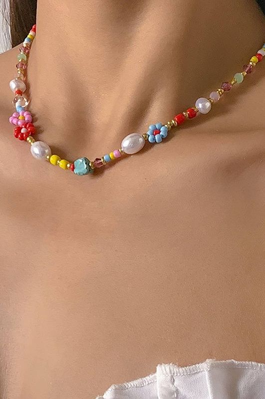 MULTI COLORED FLOWER DAISY PEARL STONE NECKLACE
