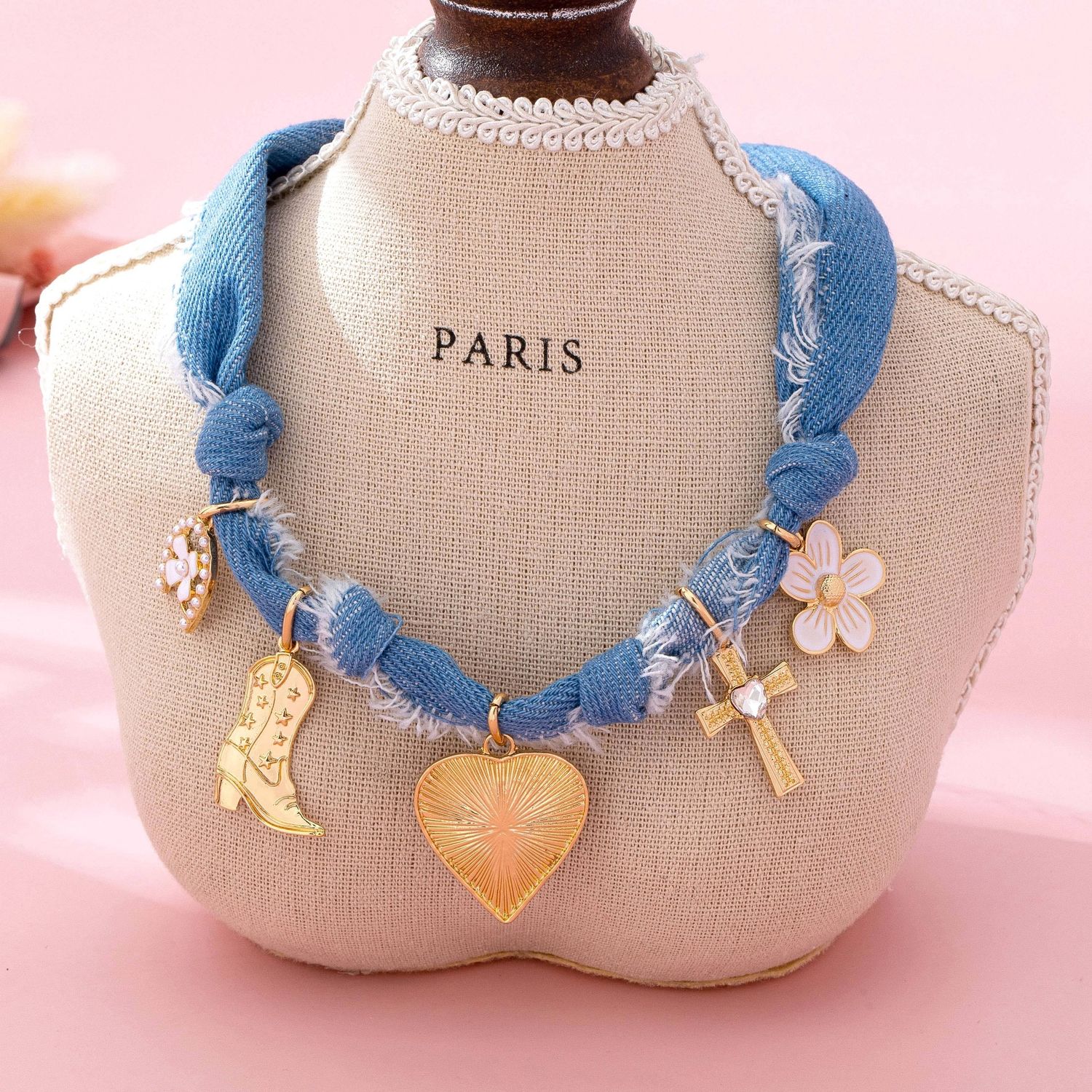 Western Denim Cowboy Boot &amp; Cross Charm Necklace