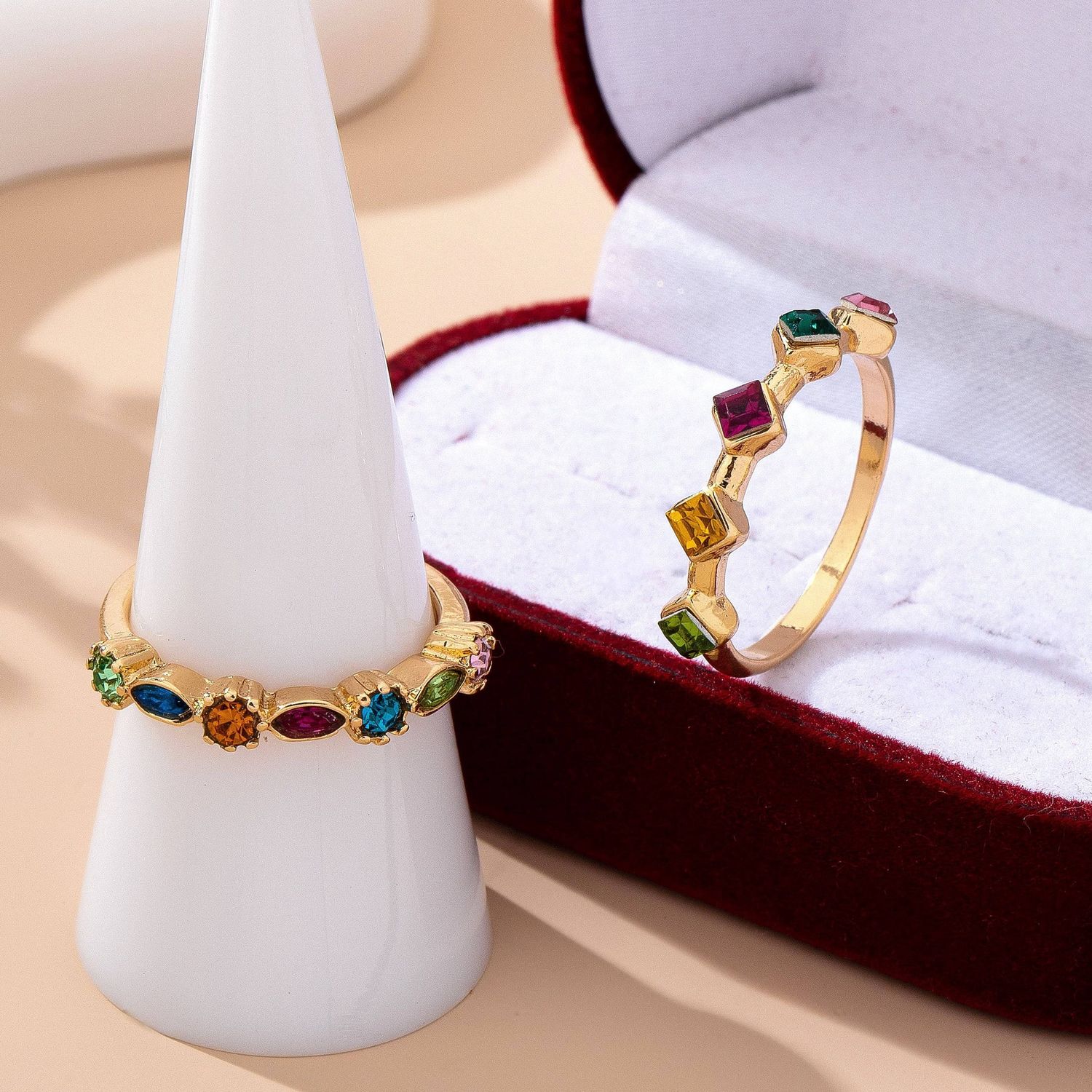 Rainbow Gemstone Cluster Statement Ring Set
