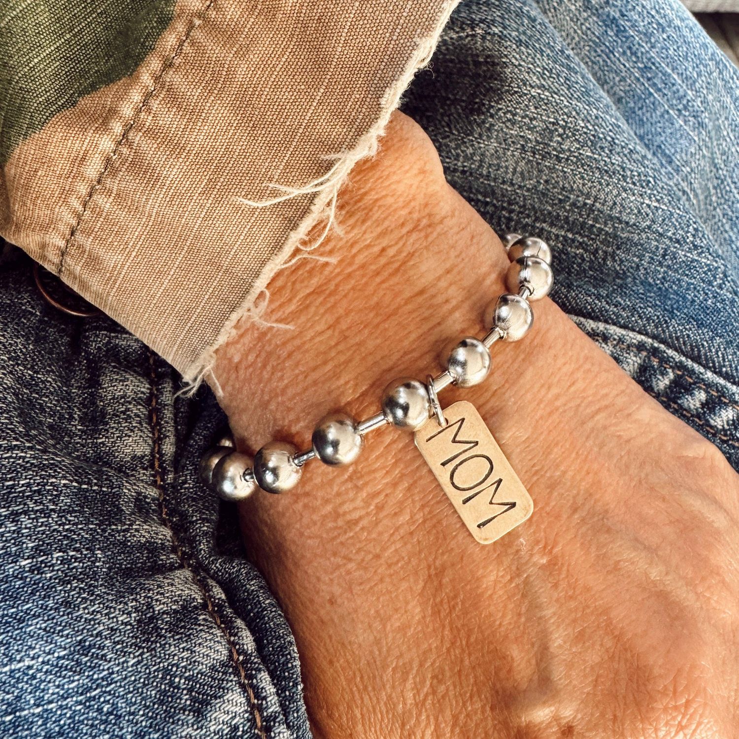 Hand Stamped MOM Brass Tag Bracelet, Bracelet Length: 7