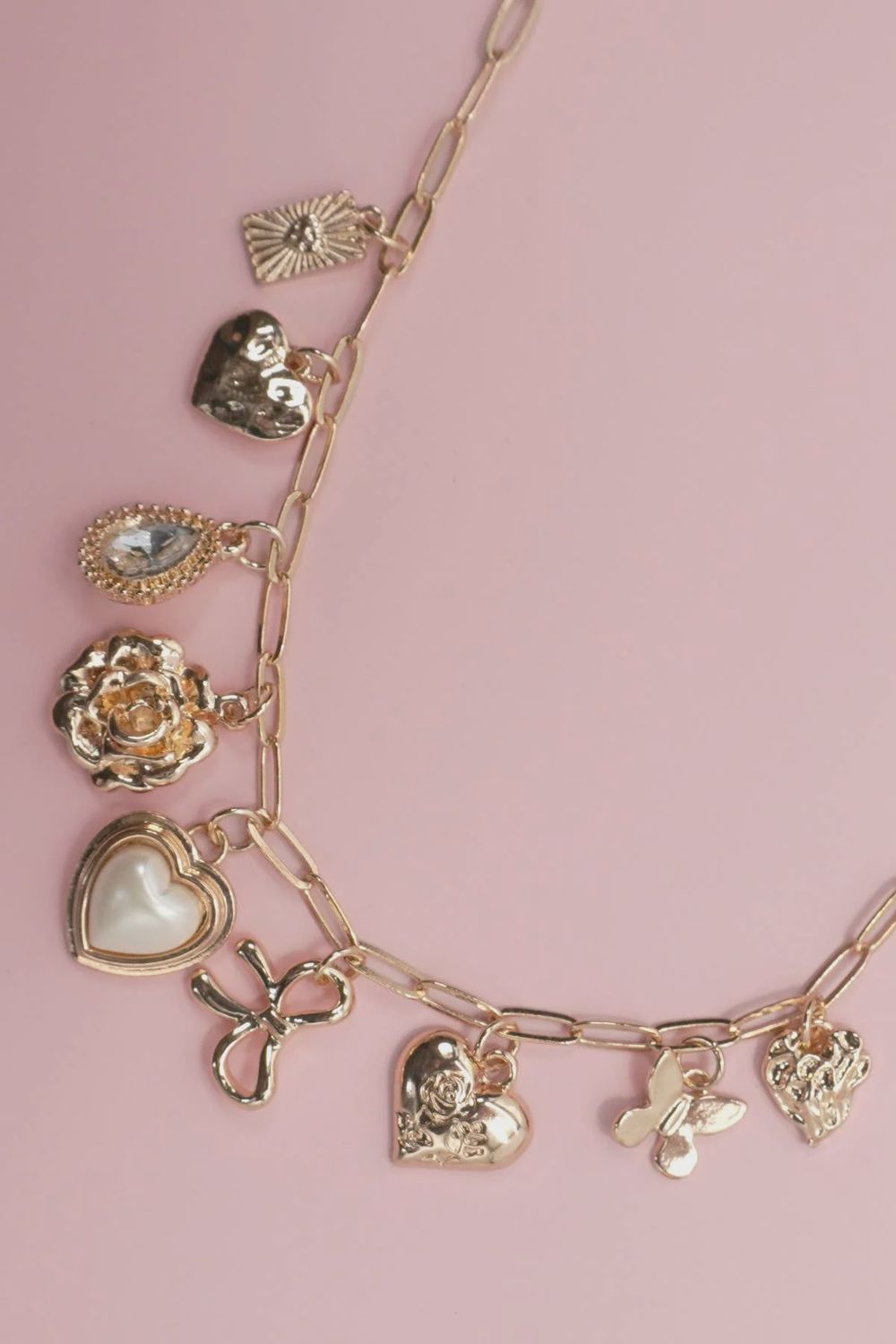 CHARM NECKLACE-BOW HEART RHINESTONE FLOWER, Color: Gold
