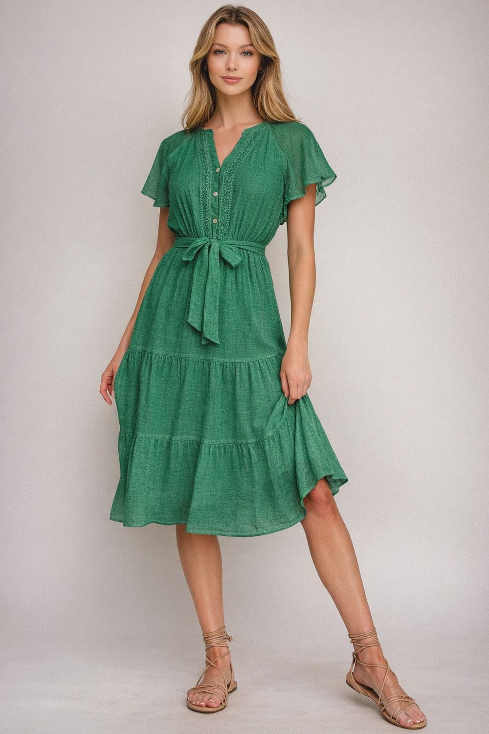 PAPAYA GLOW GAUZE MIDI DRESS WITH TRIM DETAILS, Color: Green, Size: S