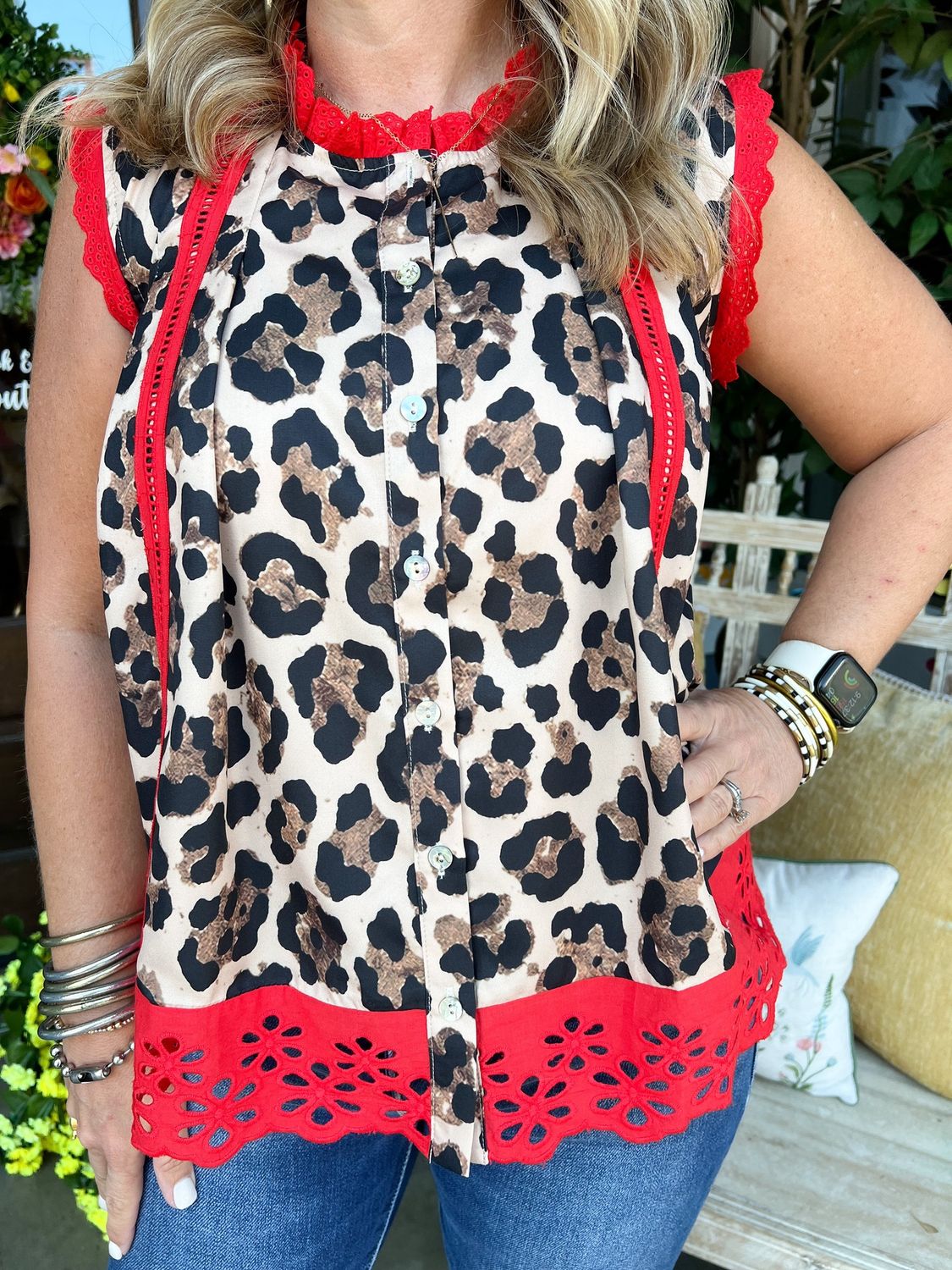 Leopard Ruffle Vertical Lace Neck Blouse
