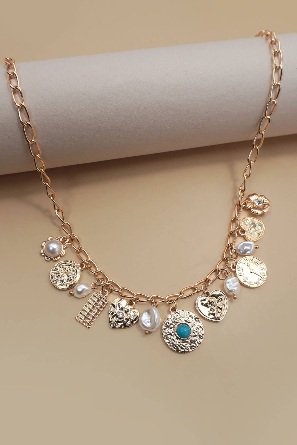 CHARM NECKLACE-PEARL HEART TURQ COIN CHARMS