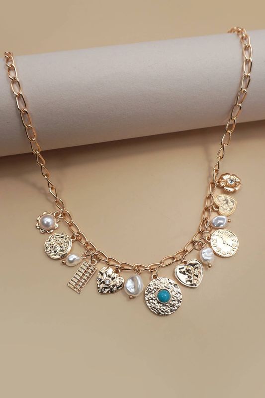 CHARM NECKLACE-PEARL HEART TURQ COIN CHARMS
