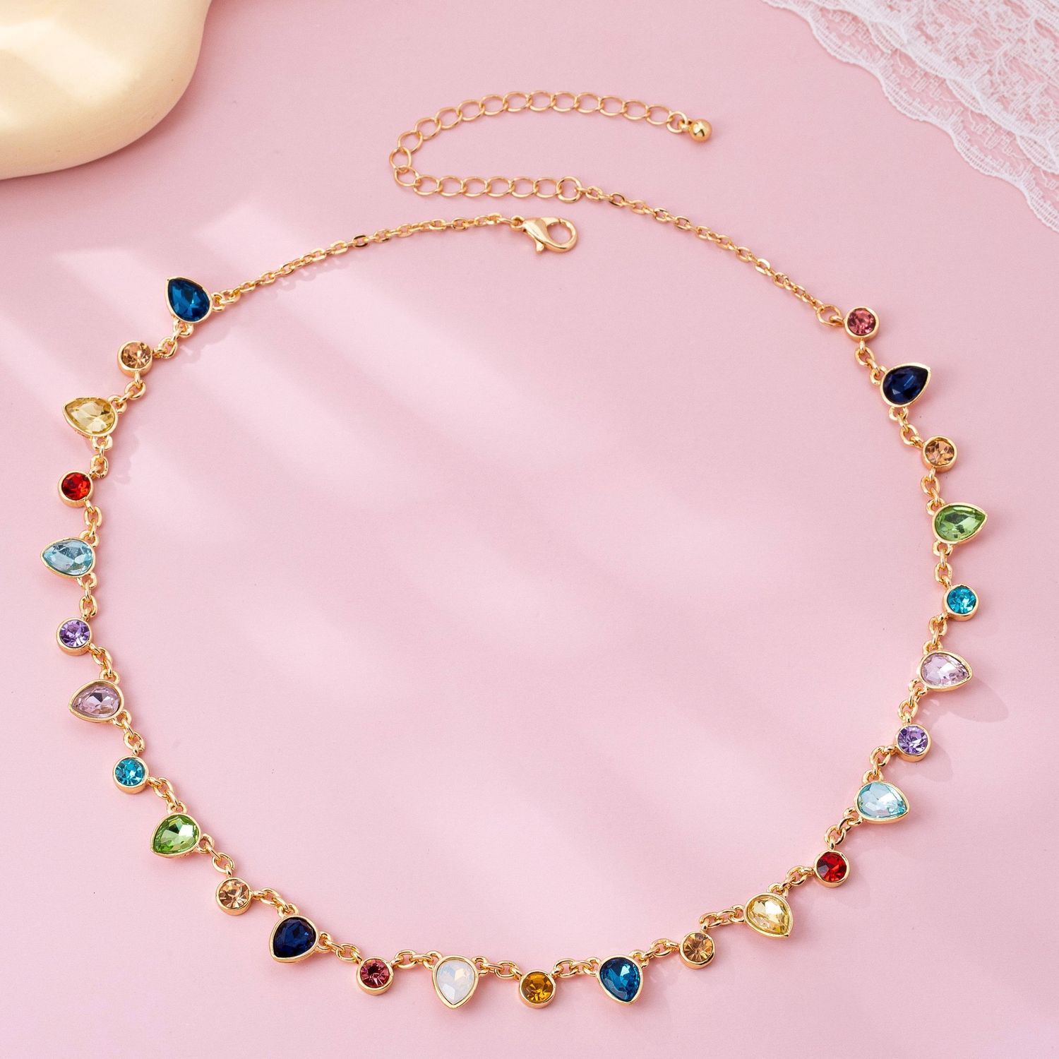 Rainbow Teardrop Gemstone Charm Necklace