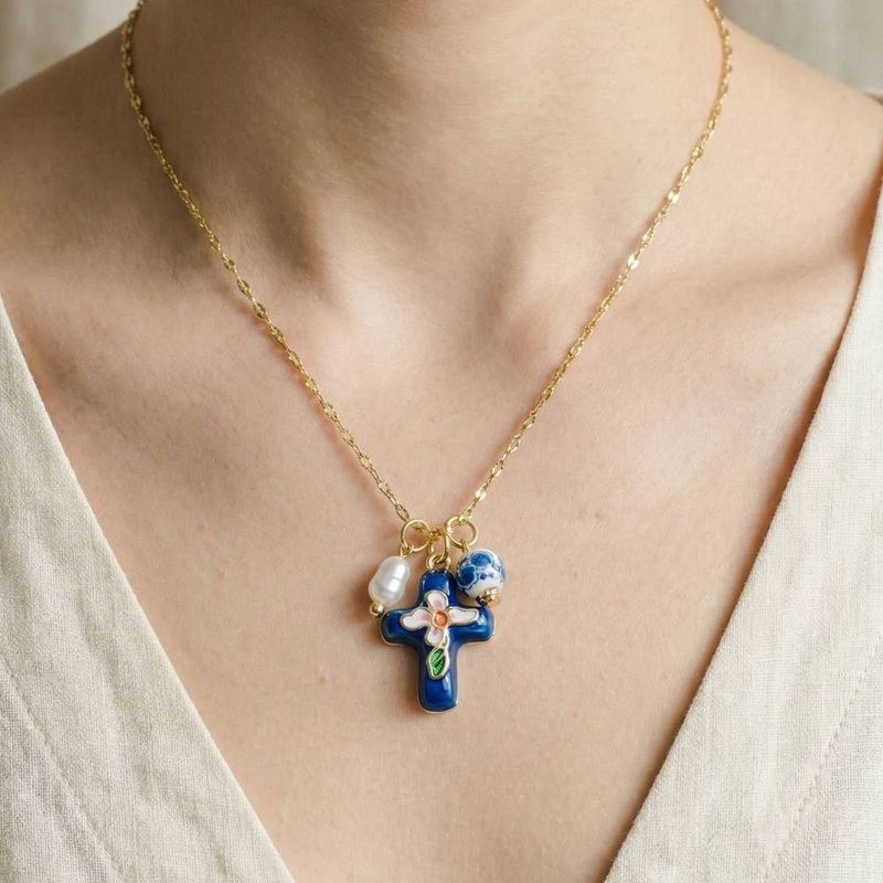 Enamel Cross And Ceramic Floral Charms Chain Necklace