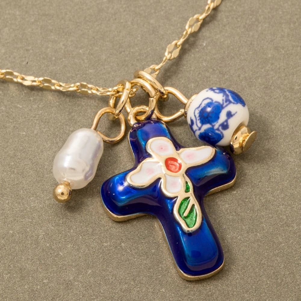 Enamel Cross And Ceramic Floral Charms Chain Necklace, Color: GDBLE