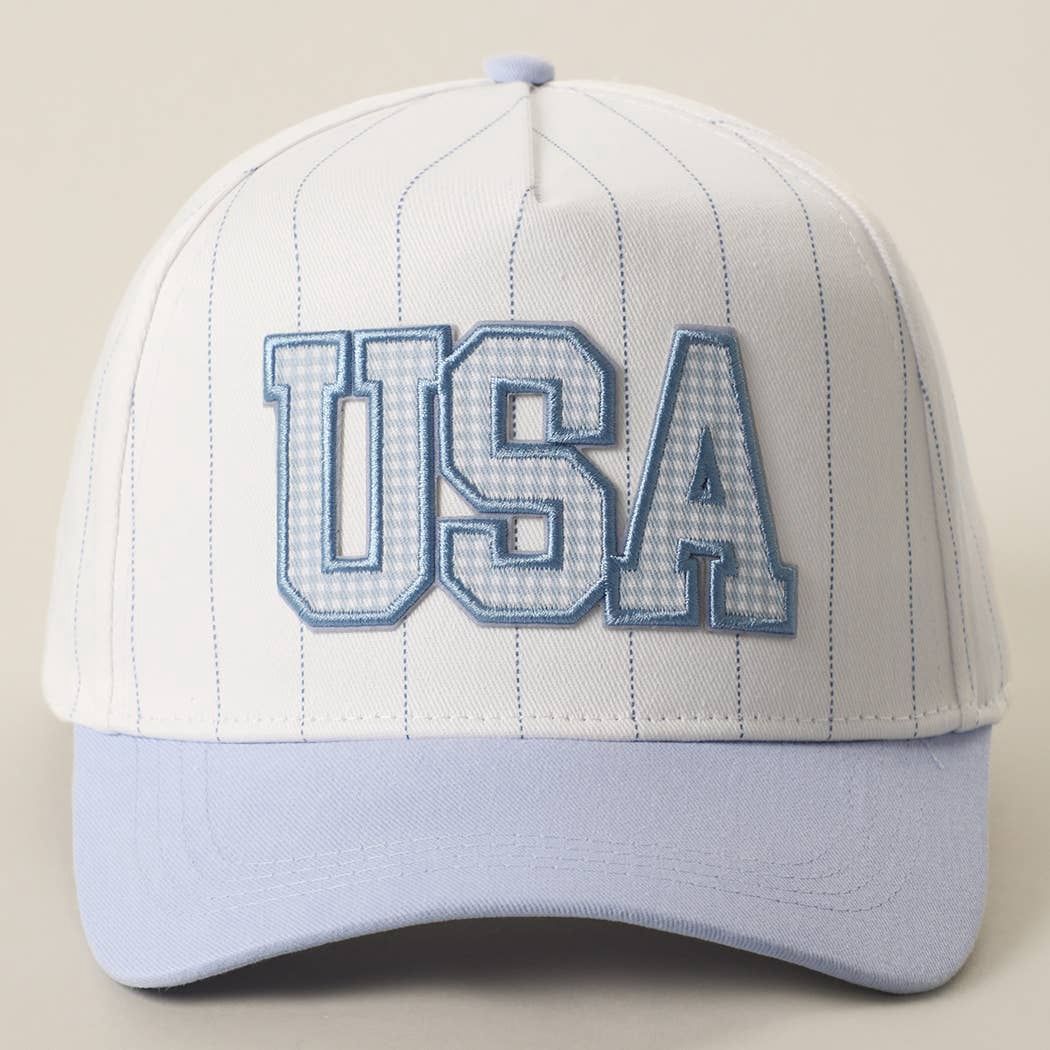 USA Gingham Embroidered Patch Pinstripe Crown Trucker Hat, Color: LT BLUE, Size: One Size