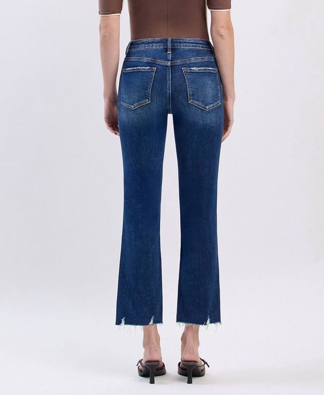 PORTABLE MID RISE DARK WASH CROP MINI BOOTCUT JEANS