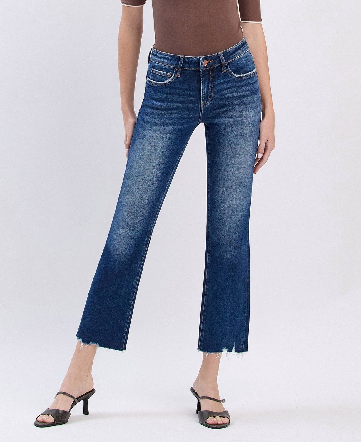 PORTABLE MID RISE DARK WASH CROP MINI BOOTCUT JEANS, Color: PORTABLE, Size: 24/0