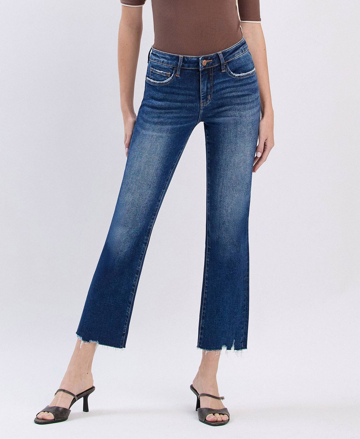 PORTABLE MID RISE DARK WASH CROP MINI BOOTCUT JEANS, Color: PORTABLE, Size: 24/0