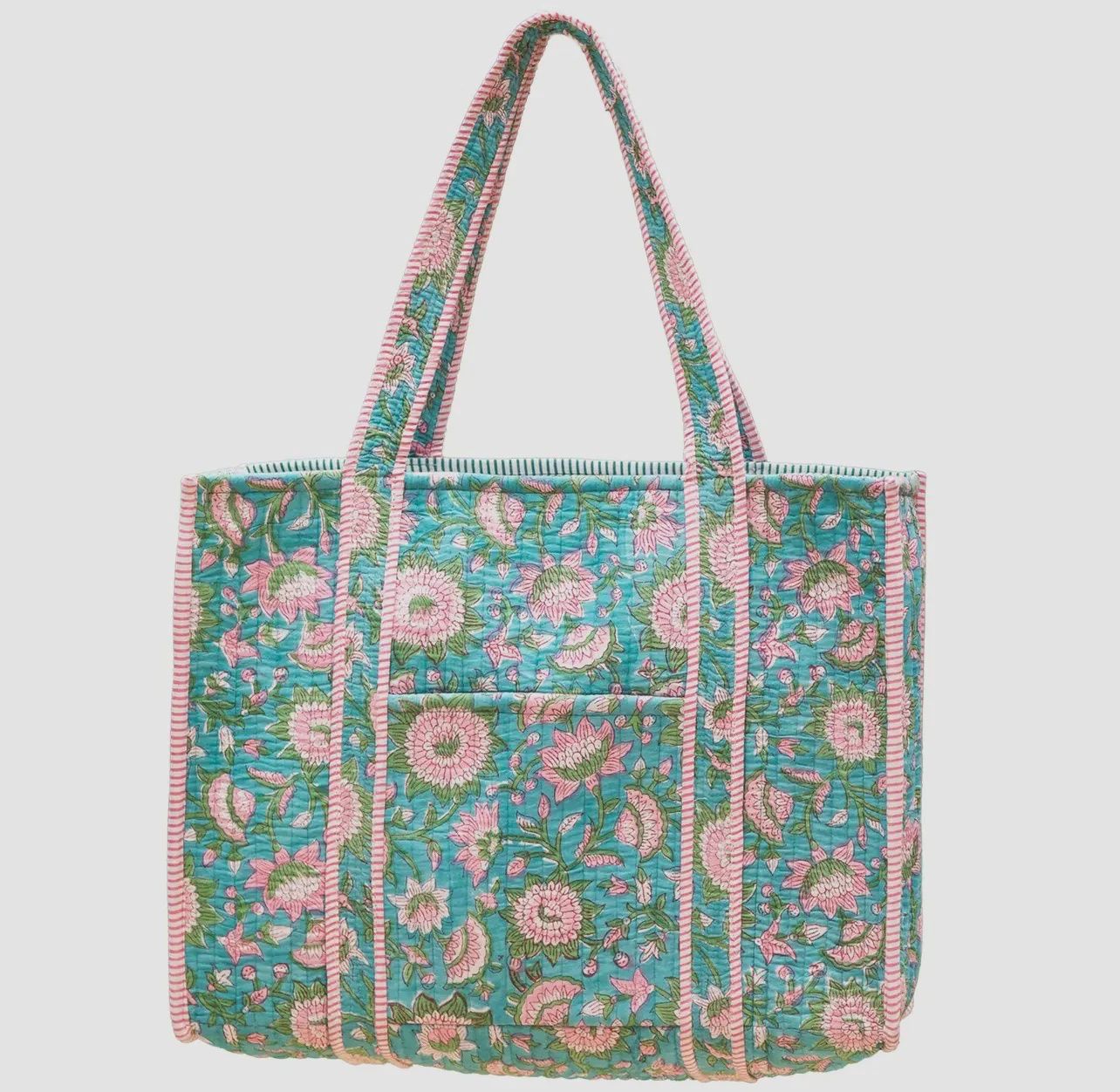 Quilted Block Tote Bag, Decoration material: aqua-bloom