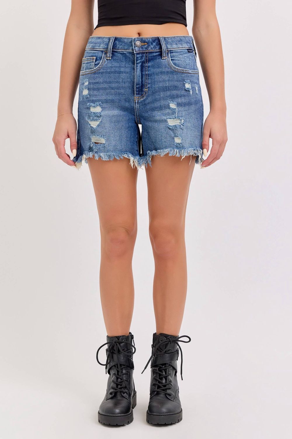 Boyfriend Shorts with Uneven Fray Hem Dark, Size: s