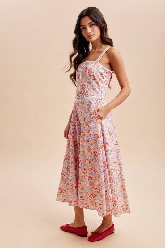 CONTRAST PIPED FLORAL MAXI DRESS