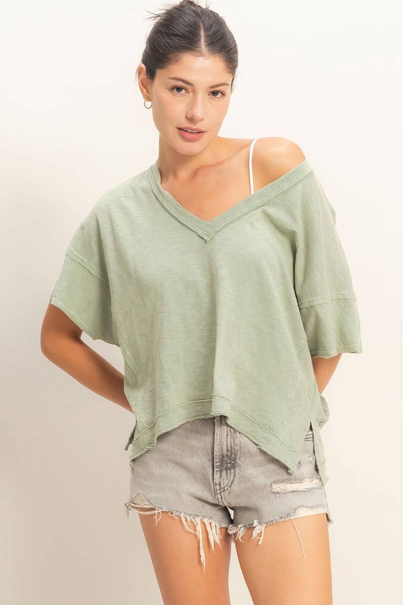 Oversized V-Neck Short Sleeve Top, Color: SAGE GREEN, Size: S