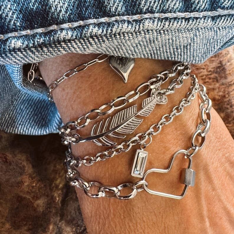 Stainless Steel Chain Bracelet with a Heart Carabiner Center Charm
