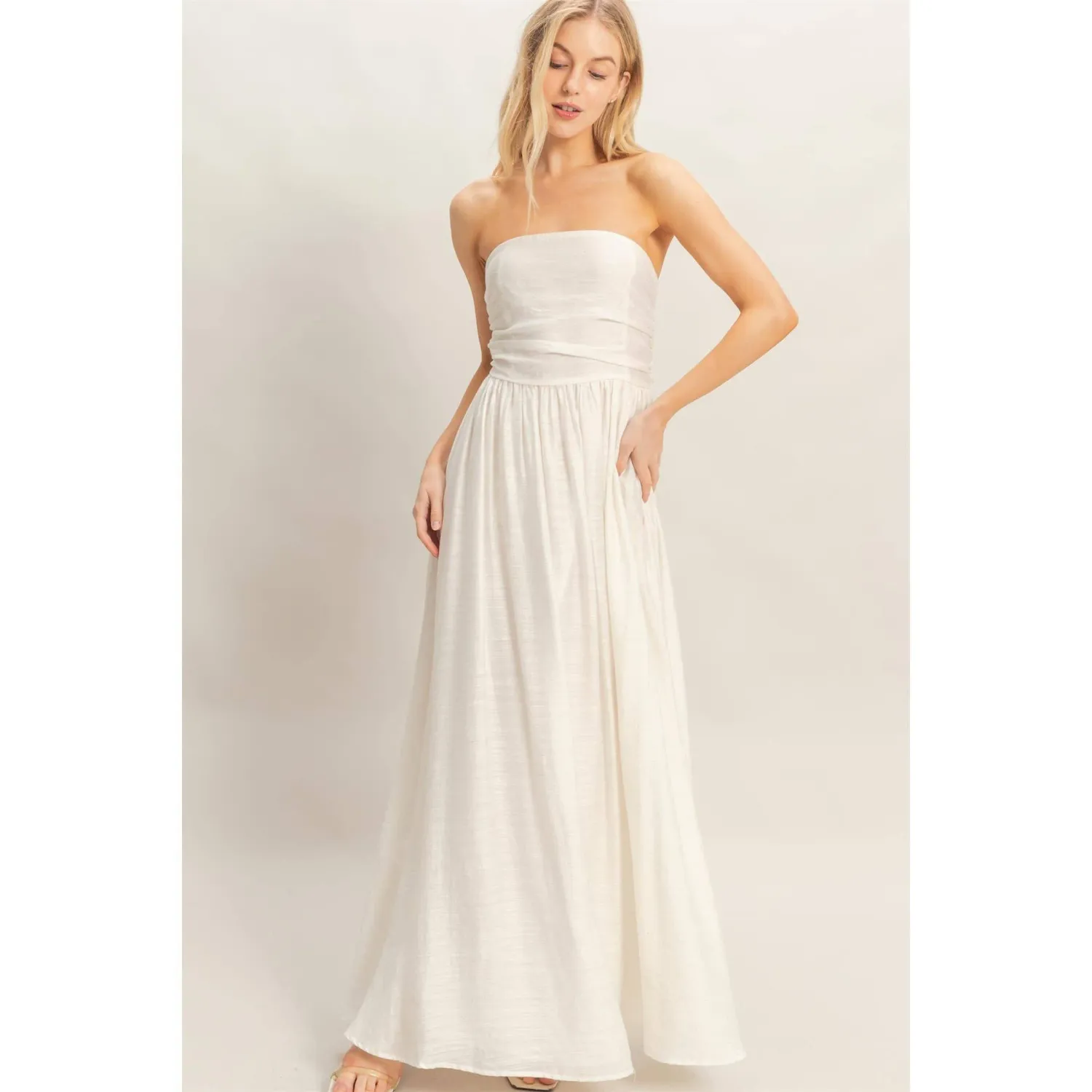 Strapless Tie-Back Smocked Dress, Color: WHITE, Size: S