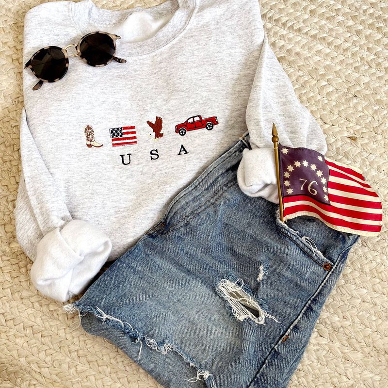 USA Embroidered Icons Crewneck Sweatshirt | Patriotic