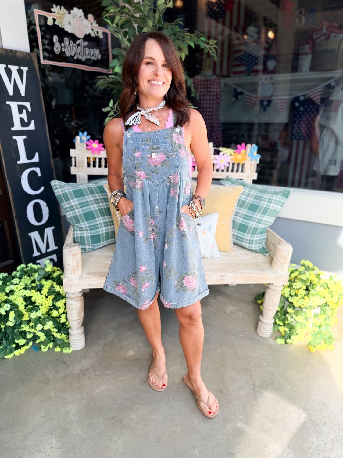 FLOWER PRINT  WIDE LEG SHORTALLS, Color: DENIM, Size: M