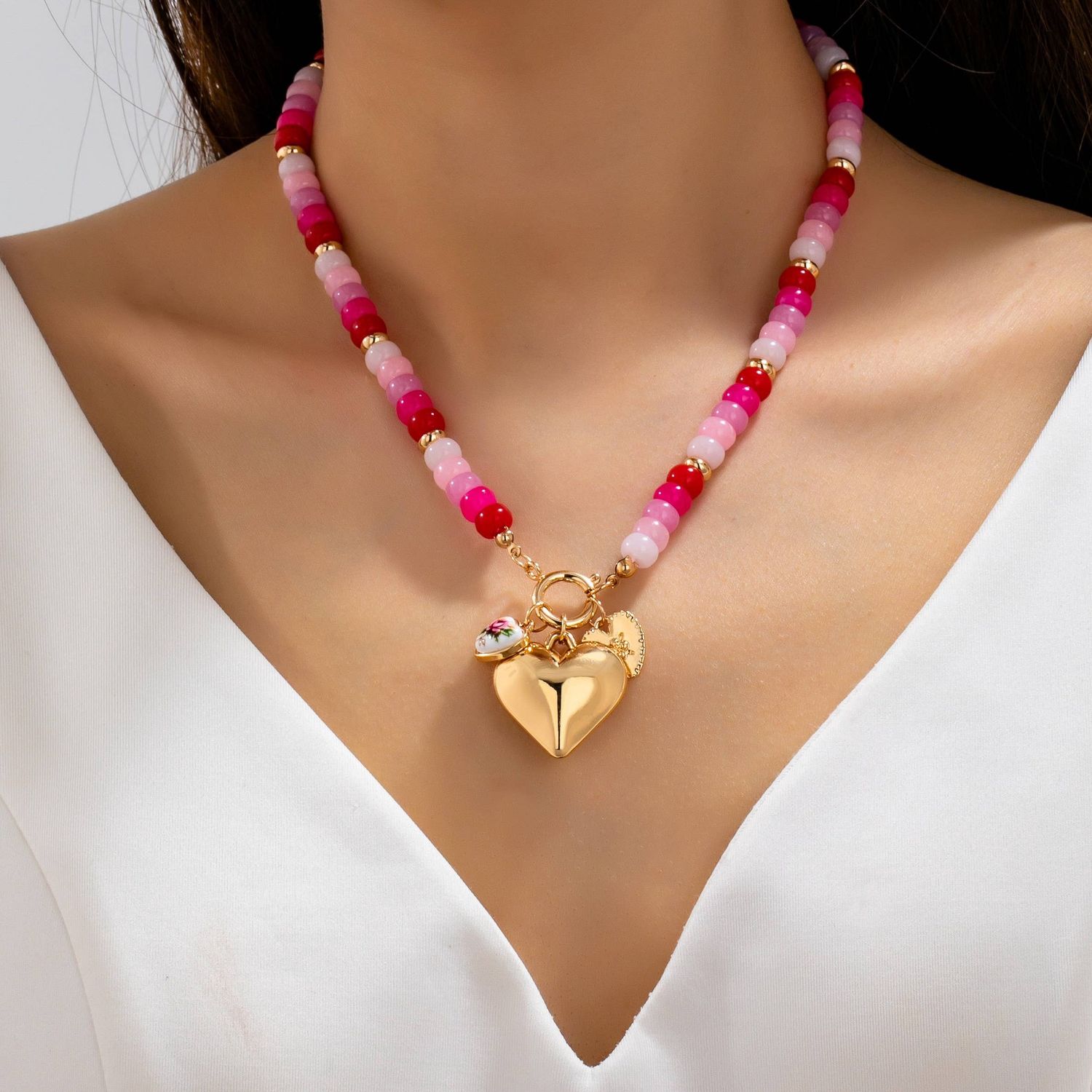Sweetheart Beaded Porcelain Heart Charm Necklace, Color: PINK