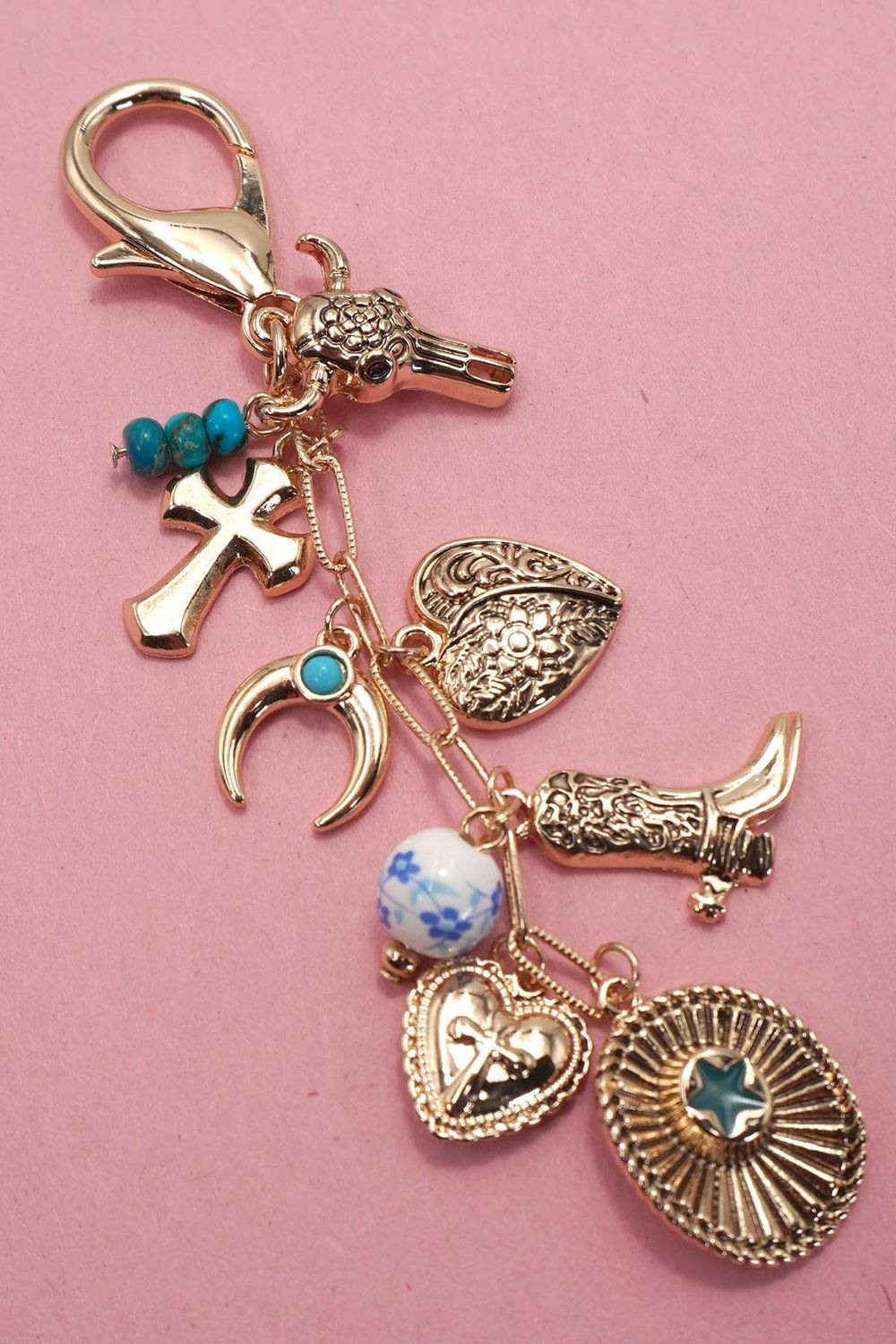 WESTERN CROSS HAT BOOT HEART BAG CHARM, Color: Gold