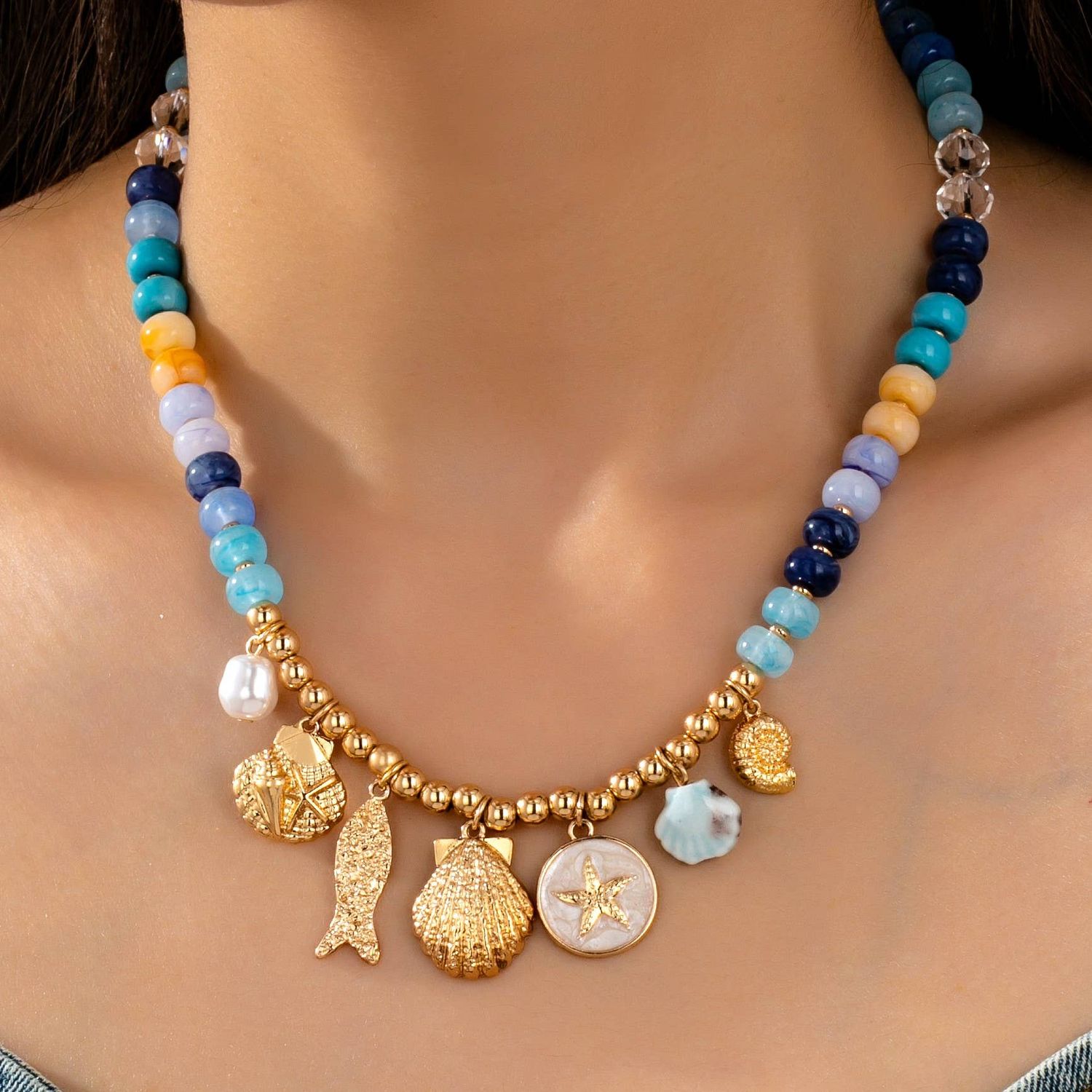 Nautical Blue Beaded Sealife Charm Necklace, Color: Gold
