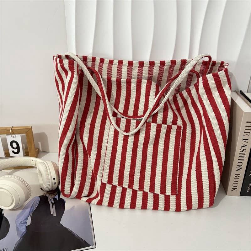 STRIPED TRENDING DOUBLE POCKET TOTE BAG, Color: Red