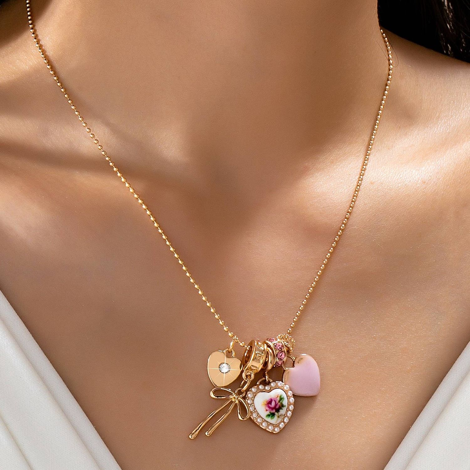 Multi Charm Porcelain Bow Ball Chain Necklace, Color: Gold