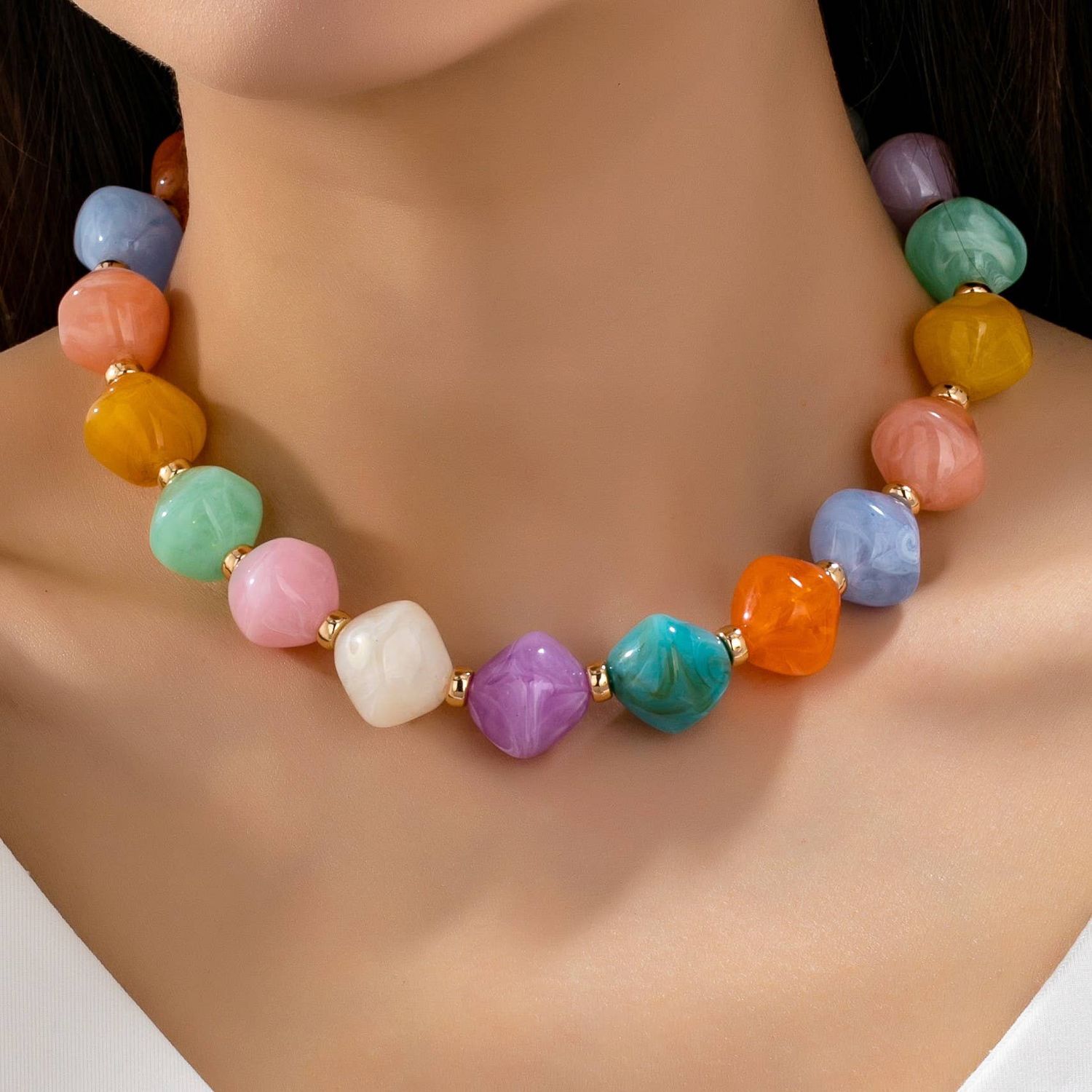 Multicolor Oversized Faceted Pastel Bead Necklace, Color: MULTI