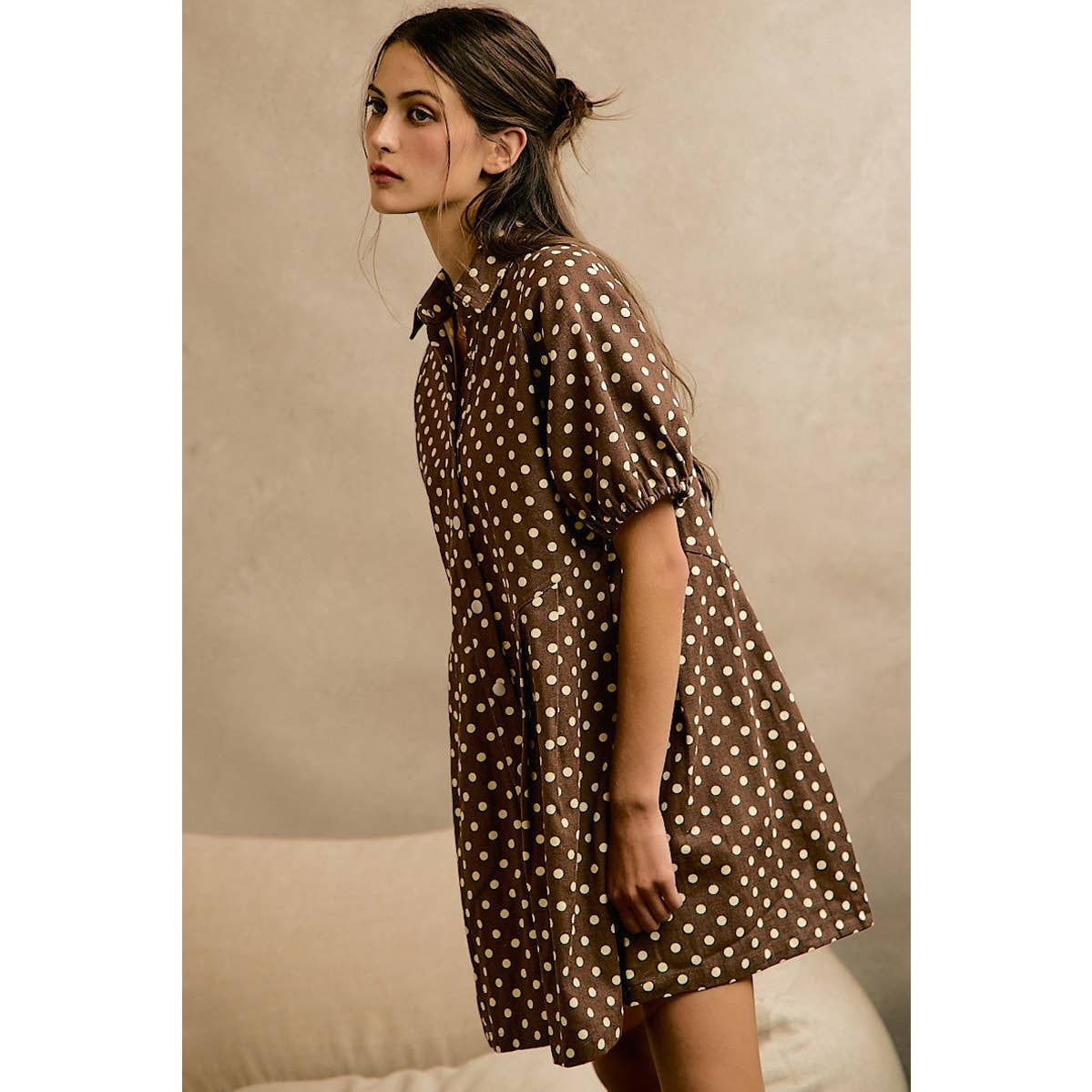 POLKA DOT TWILL PUFF-SLEEVE MINI DRESS, Color: BROWN/IVORY, Size: S