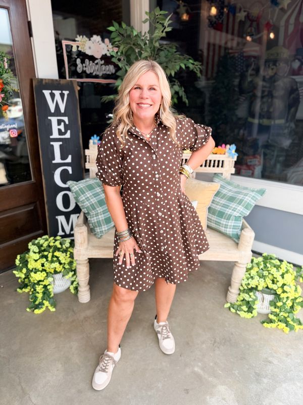 POLKA DOT TWILL PUFF-SLEEVE MINI DRESS