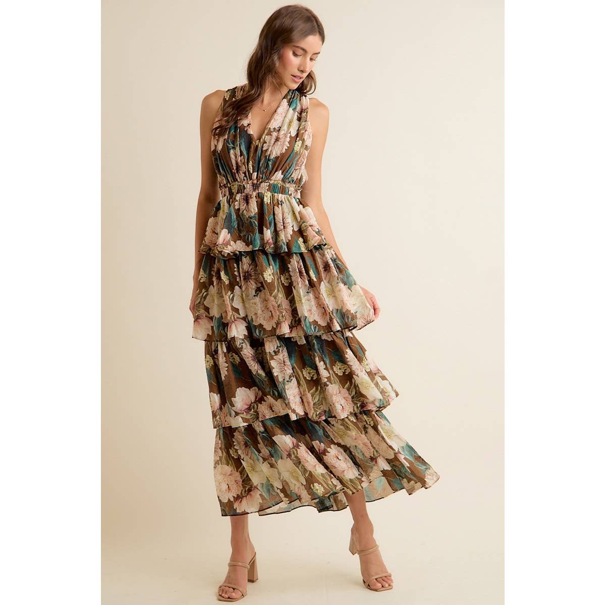 FLORAL TEXTURED TIERED MAXI LINED SLEEVELESS DRESS, Size: L