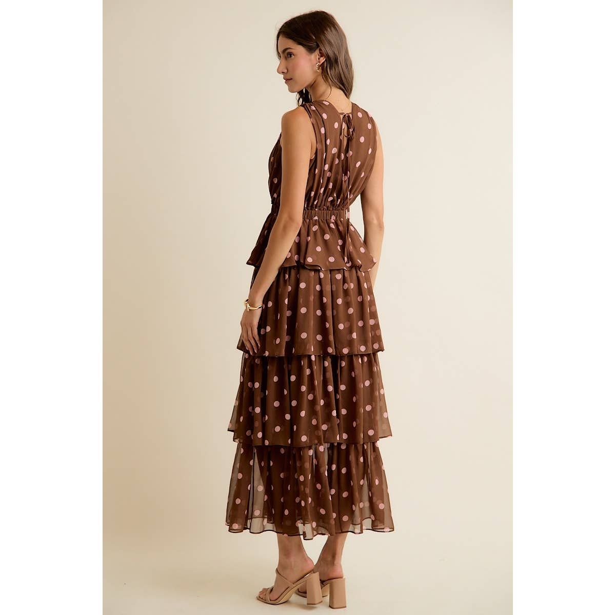 POLKA DOT CHIFFON TIERED MAXI LINED SLEEVELESS DRESS
