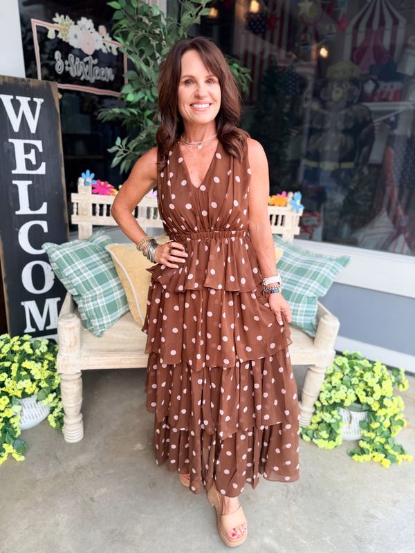 POLKA DOT CHIFFON TIERED MAXI LINED SLEEVELESS DRESS