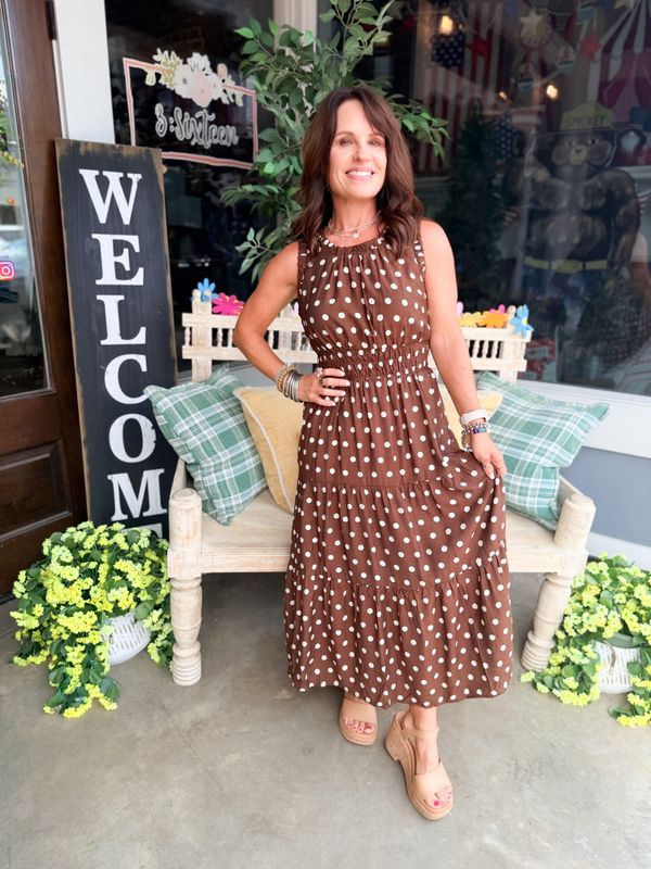 POLKA DOT SLEEVELESS SMOCKED WAIST MIDI LINED DRESS