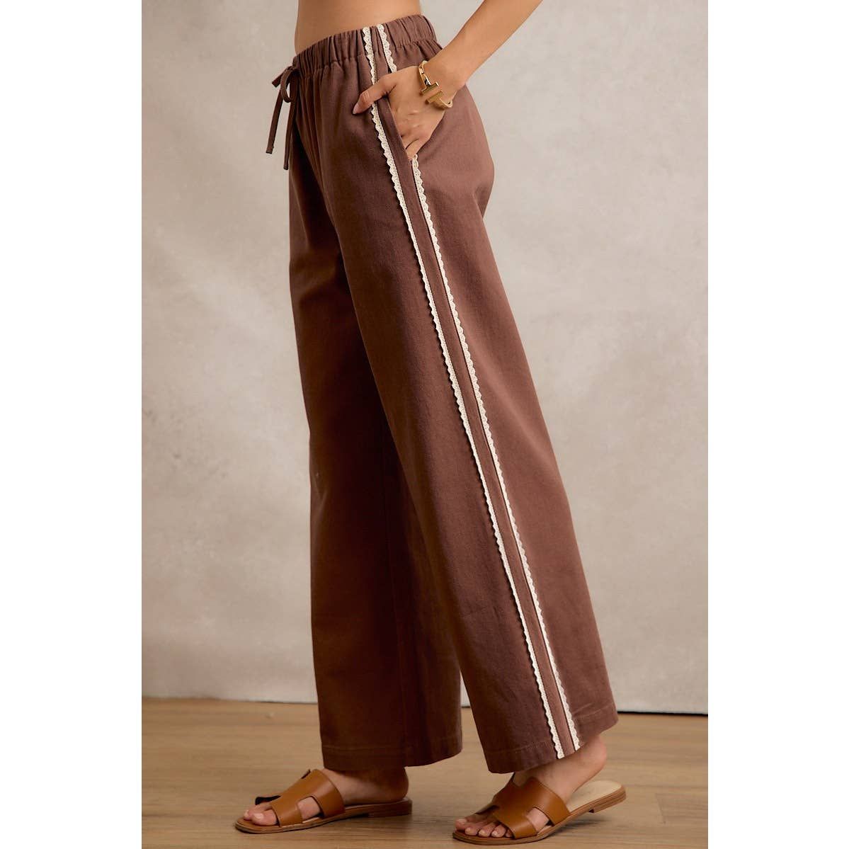 SIDE LACE TRIM WIDE LEG PULL ON PANTS, Color: BROWN, Size: S