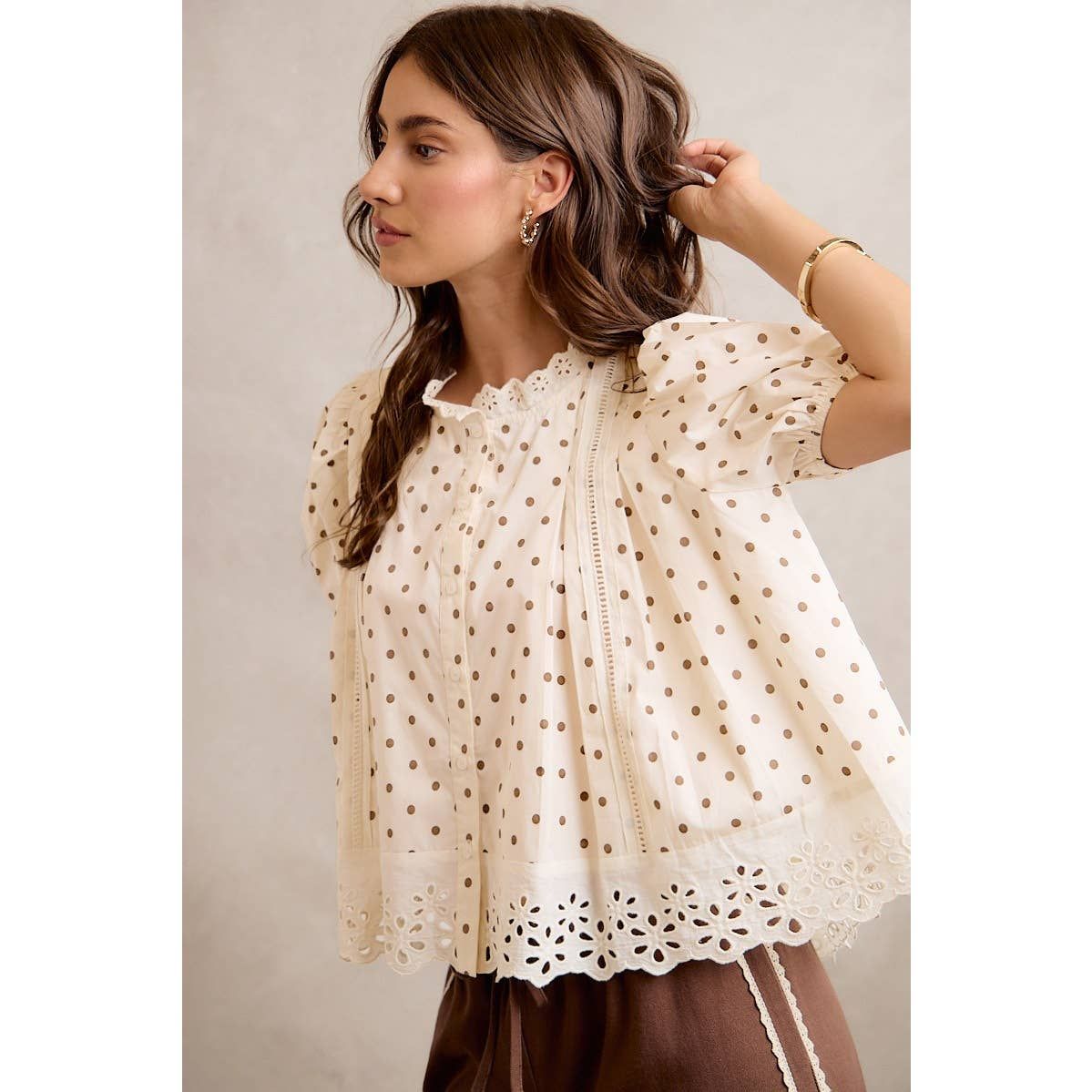 POLKA DOT LACE TRIM BLOUSE, Color: Beige/Brown, Size: XL