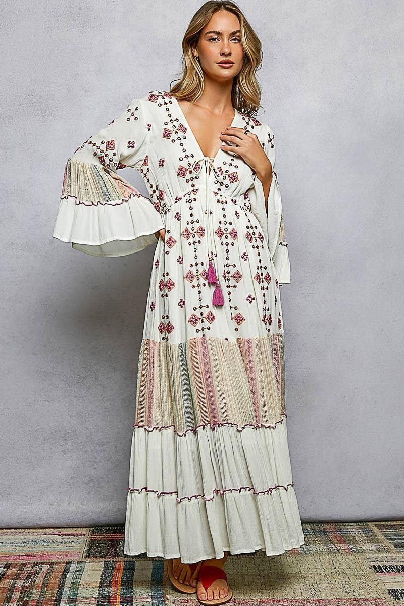 Tassel Merrow Edge Cotton Tiered Dress, Color: IVORY MULTI, Size: M