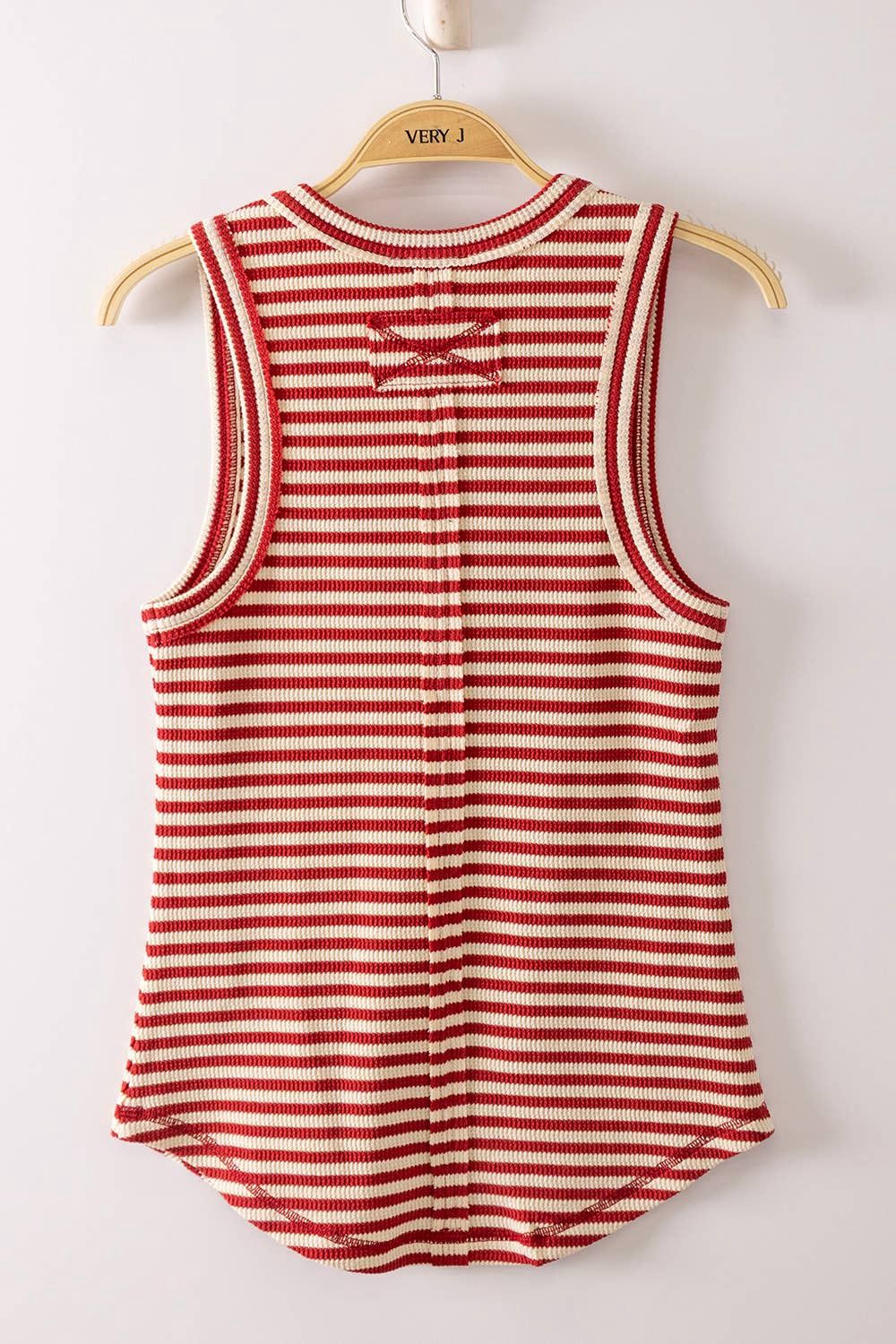 Striped Button Down Fitted Knit Tank Top, Color: Red Stripe, Size: S