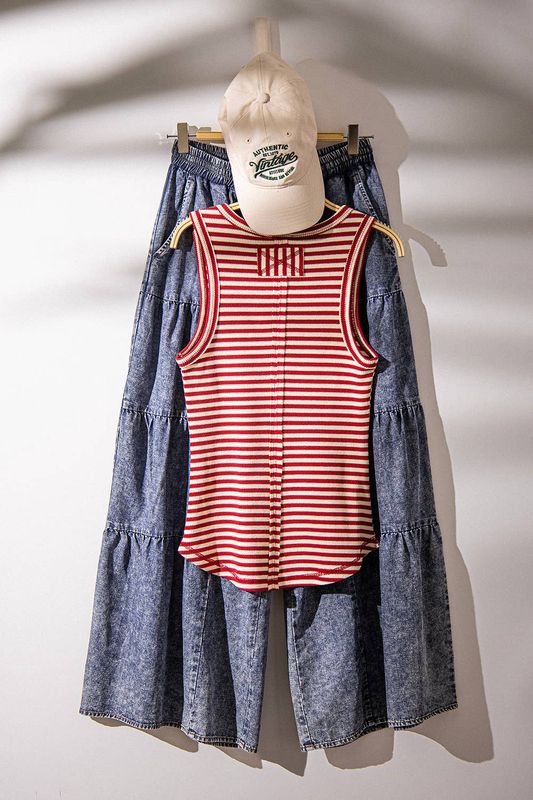 Striped Button Down Fitted Knit Tank Top