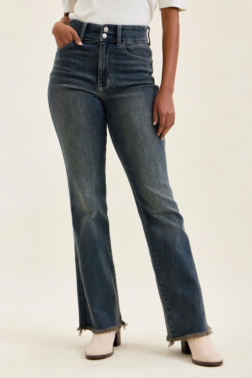Grey Cast Double Button Boot Cut Jeans